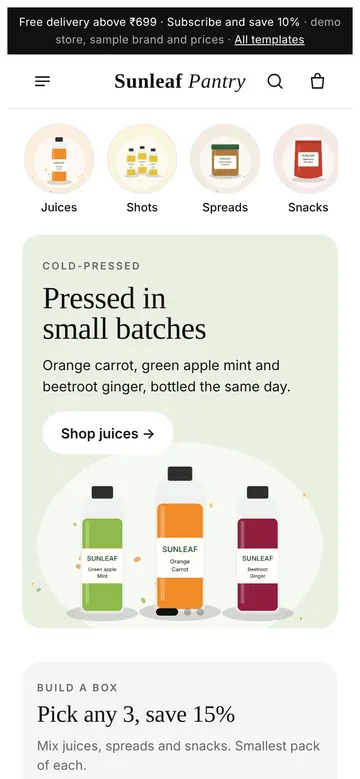 Juices, snacks and spreads demo on a phone